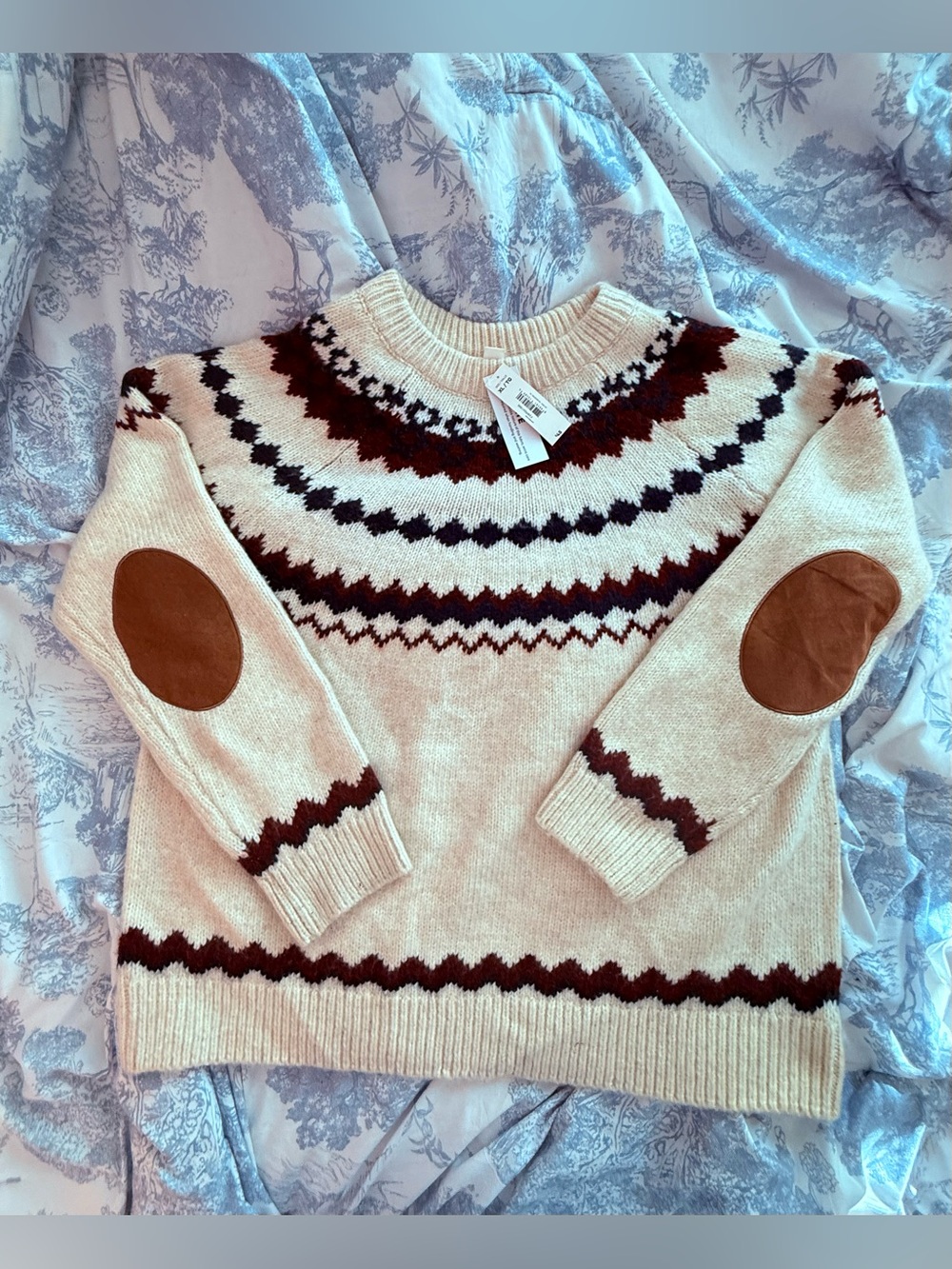 Cozy Fair Isle Elbow-Patch Sweater - Cream & Burgundy - Joe Fresh - Hard to find